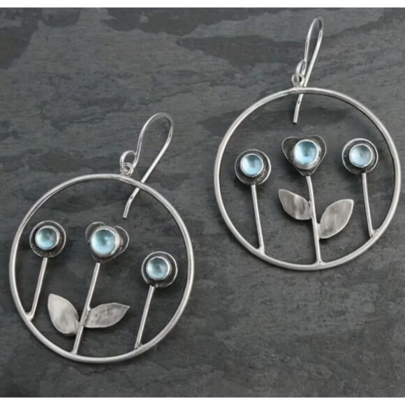 Circle 3 Blue Stone Flower Earrings Dangle - Picture 3 of 3